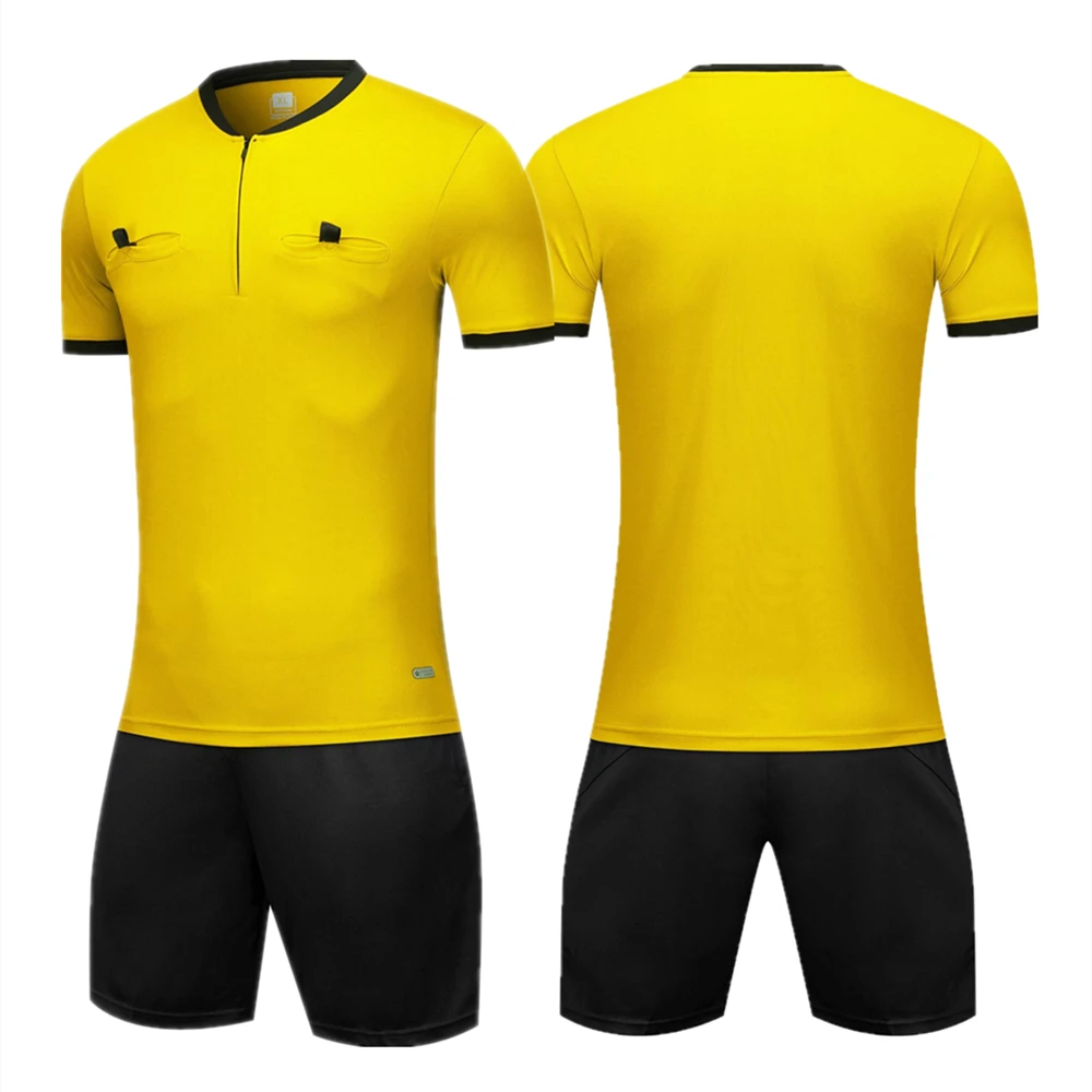 Professional Soccer Referee Uniform Adult Referee Football Jersey Set Short Sleeve Half Zip Judge Shirt Three Pockets Shorts Kit