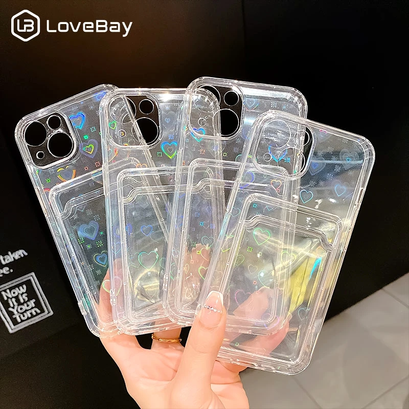 Transparent Gradient Laser Love Heart Wallet Card Bag Phone Case For  iPhone 14 13 12 11 Pro Max XR XS 7 8 6 14 Plus Back Bumper