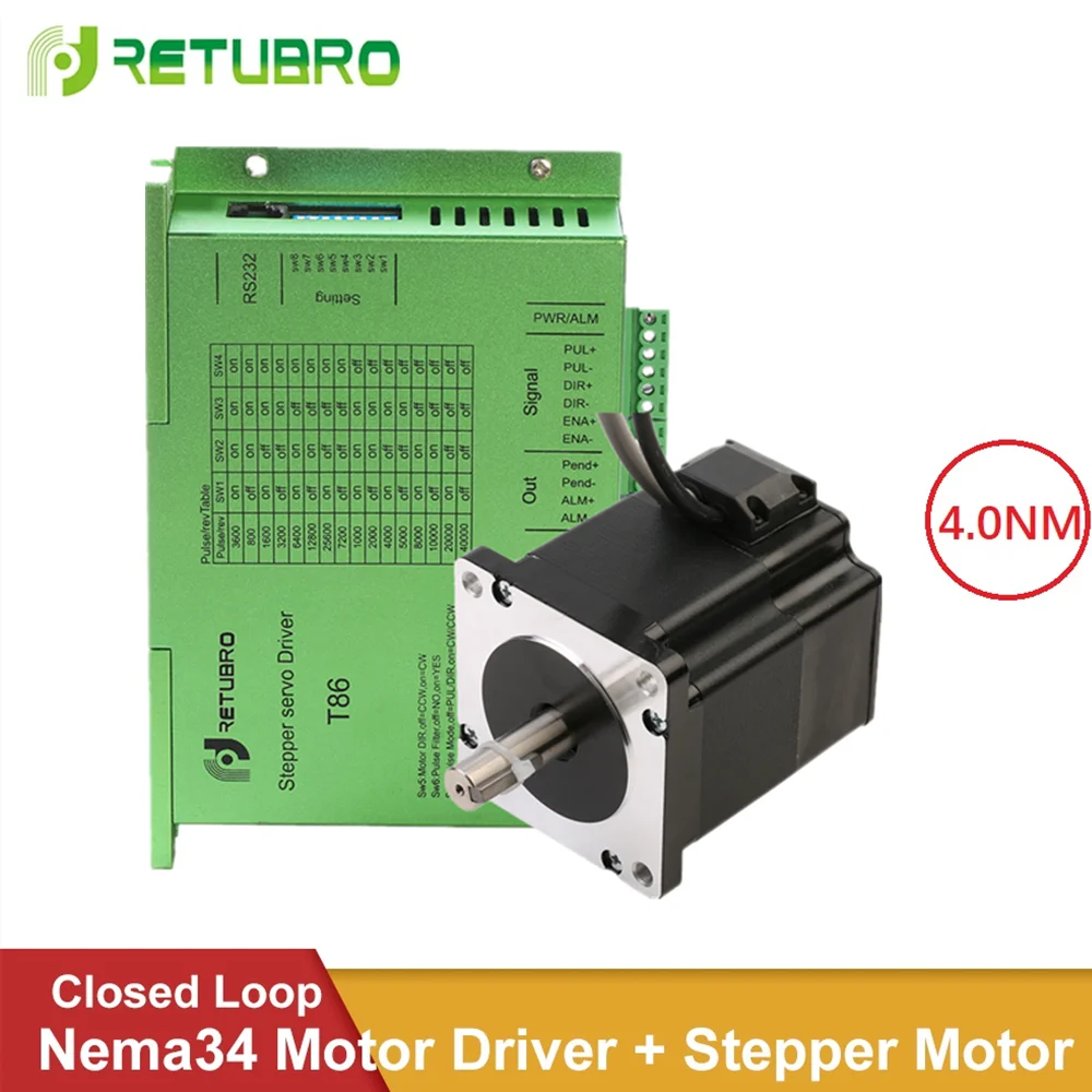 RETUBRO 1Set Nema 34 Closed Loop Stepper Motor Driver Kit T86+86A4EC Easy Servo 4NM 6A 98MM Length Hybrid 24-100V DC 18-80V AC