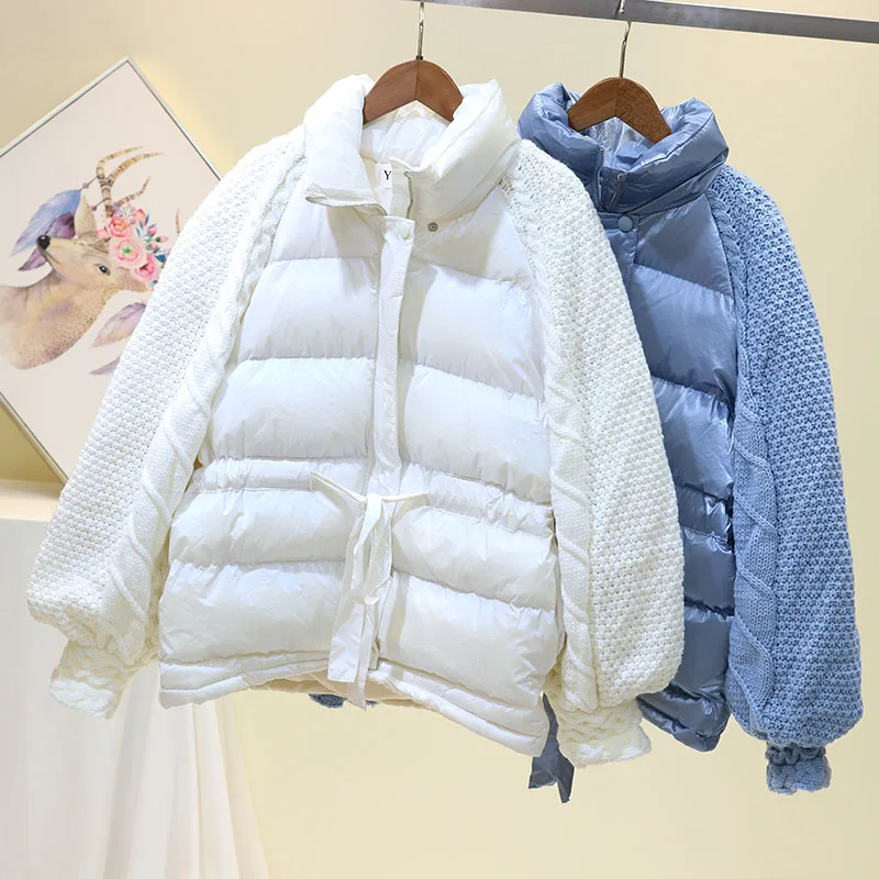 2024 Winter Coat Fashion Knitted Lantern Sleeve Women Down Cotton Jacket Casual Stand Collar Windproof Warm Female Loose Outwear