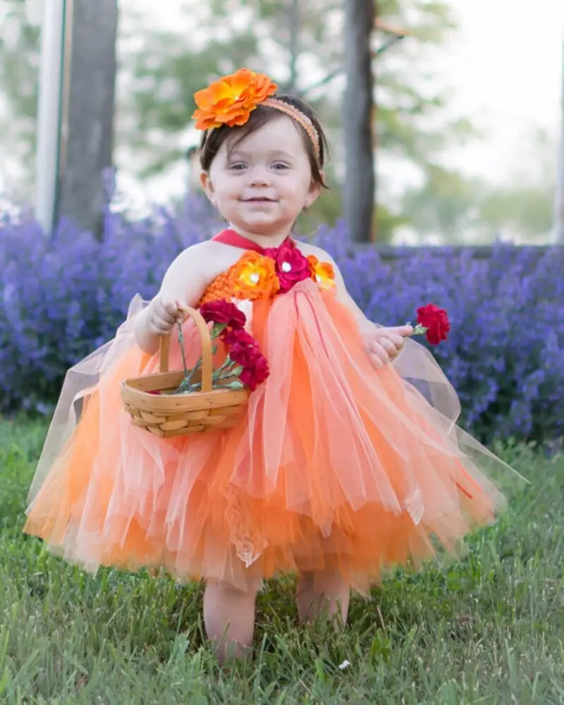 Baby Girls Orange Flower Lace Tutu Dress Kids Tulle Dress Ball Gown with Hairbow Children Birthday Halloween Party Costume Dress