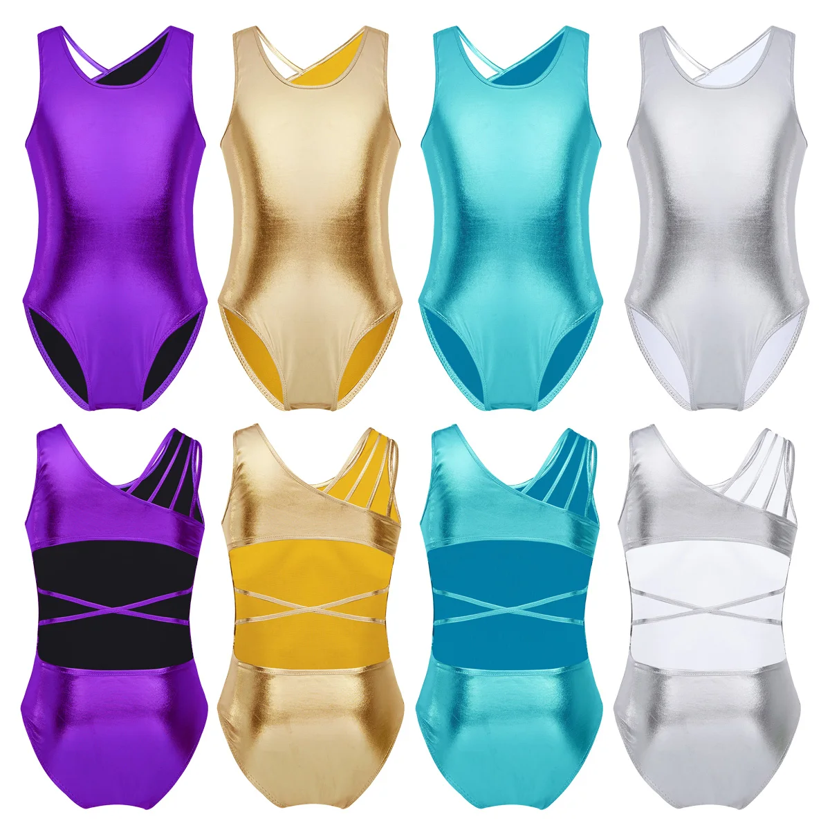 Kids Girls Sleeveless Sparkly Sports Gymnastics Workout Bodysuit Metallic Shiny Cutouts Back Ballet Leotards Dance Costume