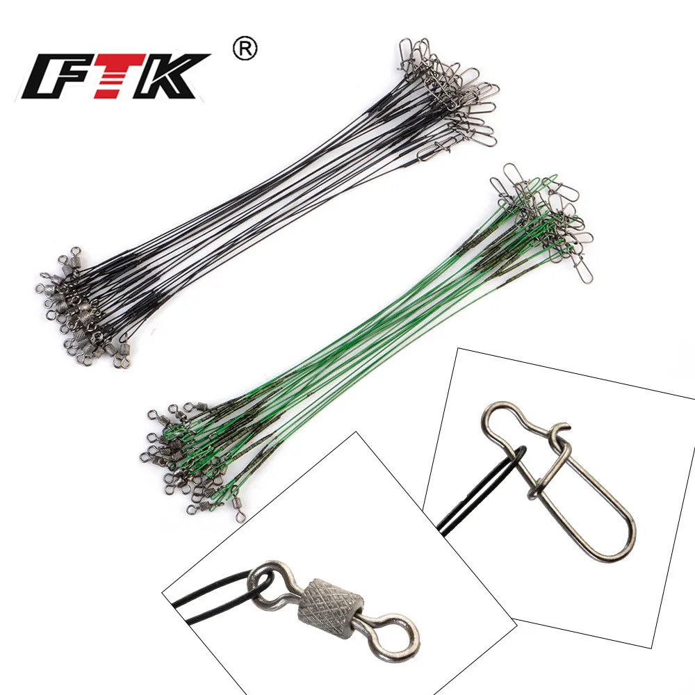 FTK 20pcs 16/20/25cm Stainless Steel Wire Leader Fishing Leash With Swivel 50LB Anti-bite Line Leadcore Leash For Pike Fishing