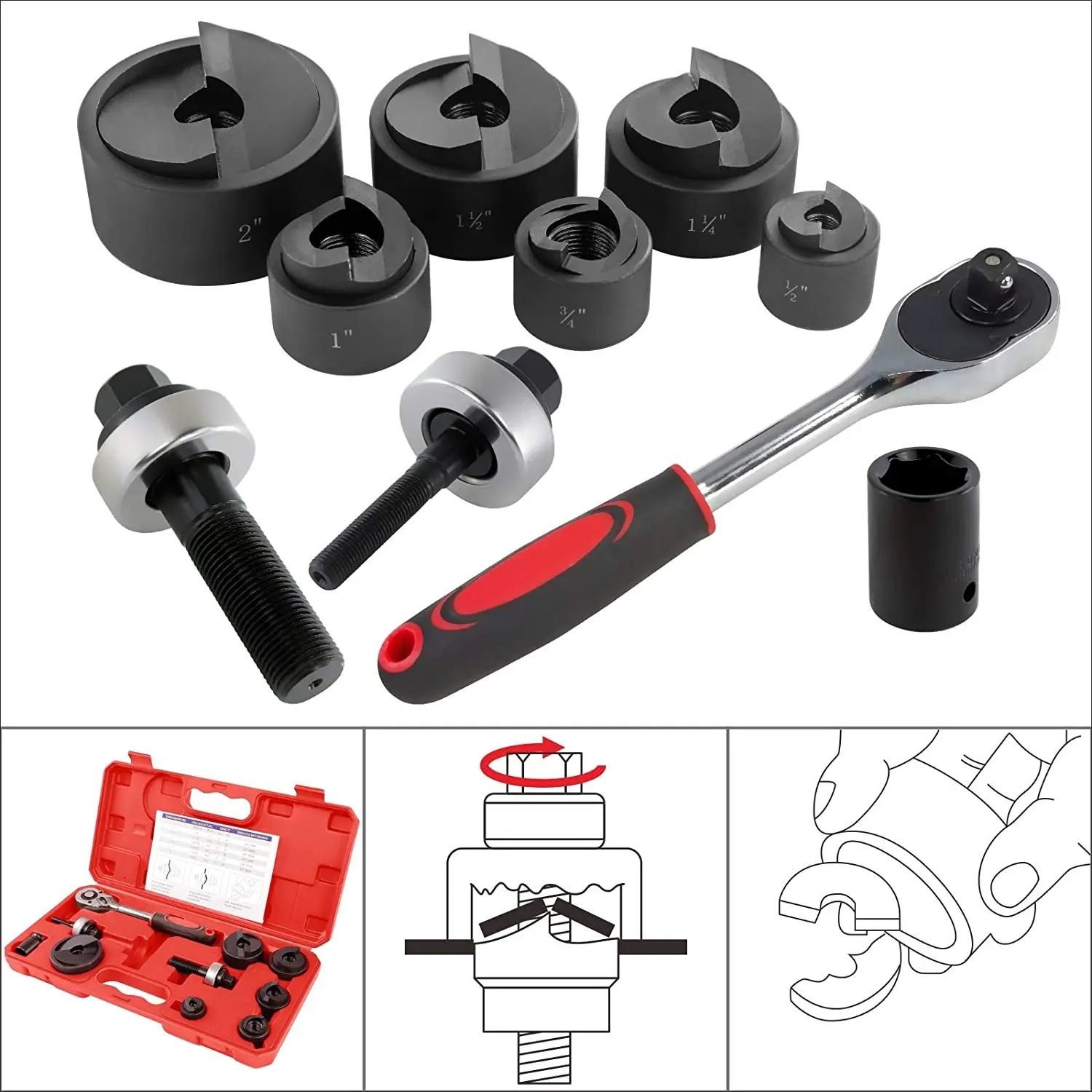 Manual Ratchet Knockout Hole Punch Driver Kit 1/2 to 2 inch(22.5-61.5mm) Electrical Conduit Hole Cutter Set KO Tool Kit  CC-60