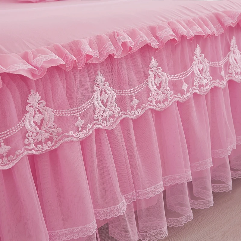 Princess 1 Piece Lace Bed Skirt + 2 Piece Pillowcases Bedding Bedspreads Sheet Pink Lace Bedding Set Bed For Girl Bed Cover