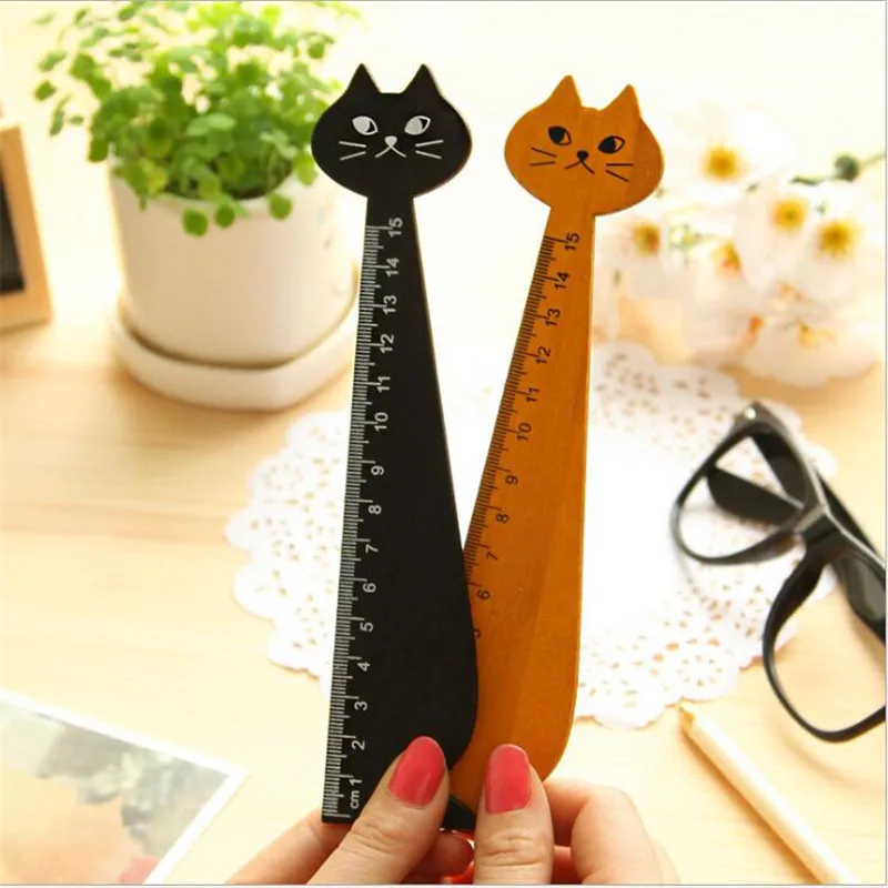 YOUE SCHEEN 1PCS Leuke Kat Modelleren Briefpapier Heerser Houten Briefpapier Heerser Meten Ruler Tool Leren Student Schoolbenodigdheden