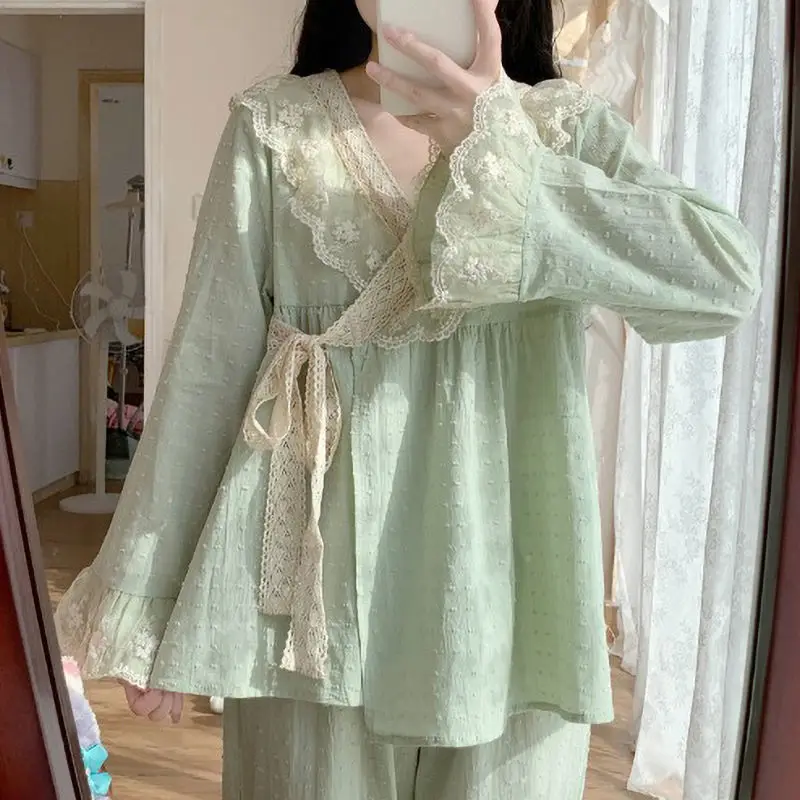 Fairy V-neck Lace Spring Pajama Sets Women Sashes Kimono Designed Loose Elegant Tender Stylish Chic Japan Sleepwear Lounge Ins