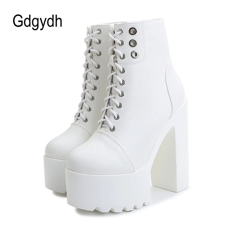 Gdgydh Womens Comfy Booties Platform Stage Performance Shoes High Heels White Black Chunky Heel Cosplay Shoes For Lady Zipper