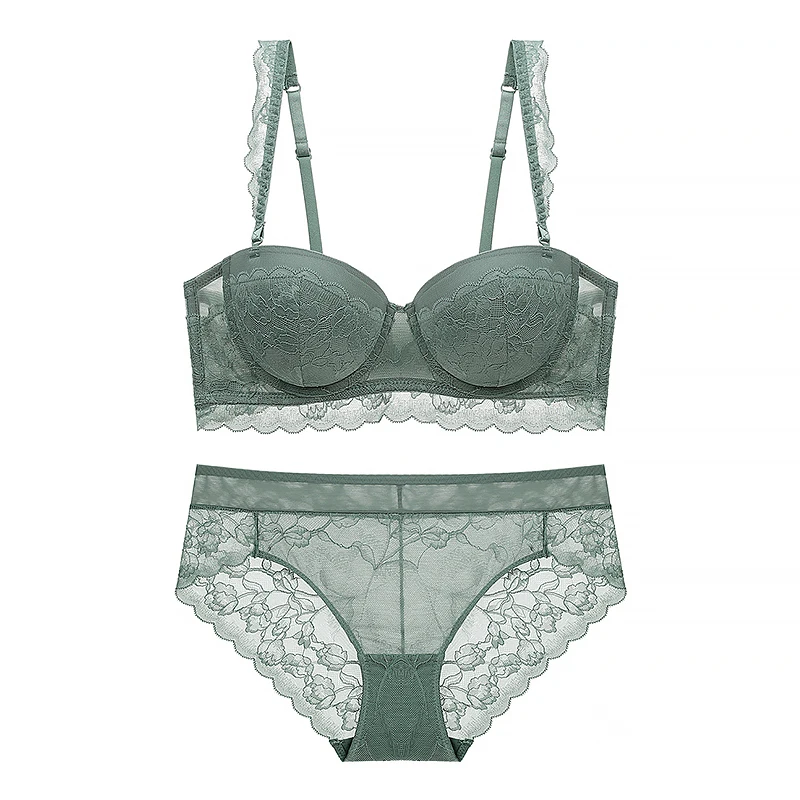 Sexy Linerie Set Balconette Strapless Bra Push Up Padded Cup Underwire Ruffle Straps Lace Trim Sage Green Women\'s Underwear Set