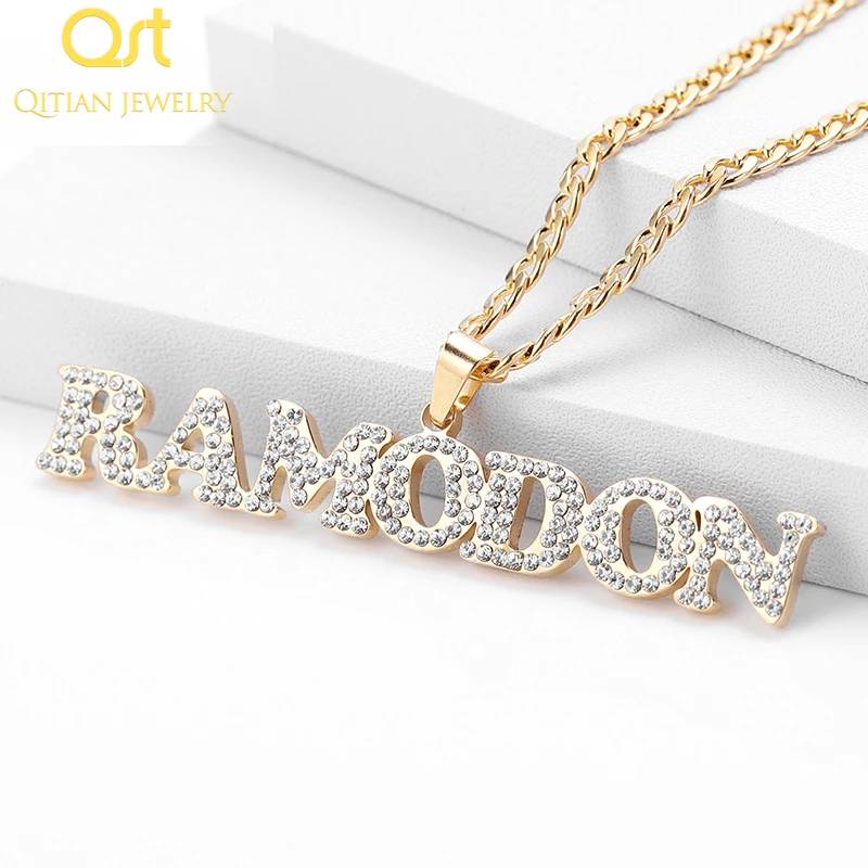 Personalized Iced Out Name Necklace&Pendant Charm Custom Gold Stainless Steel Zirconia Hip Hop Nameplate Jewelry Men Cuban Chain