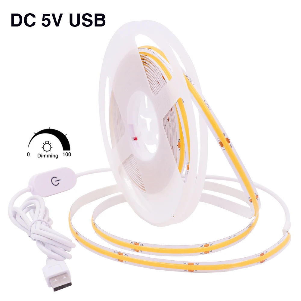 Dimmbarer COB-Streifen DC 5 V USB 320 LEDs/m Weiß/Warmweiß/Rot/Blau/Grün Hochdichtes flexibles LED-Band RA90 FOB LED-Licht