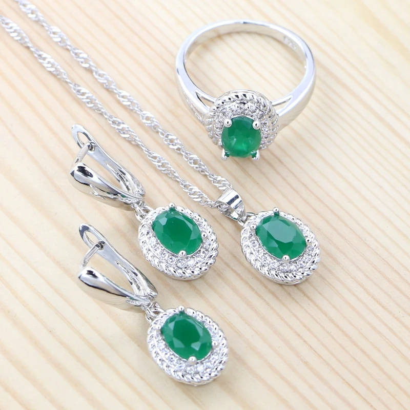 925 Sterling Silver Classic Jewelry Sets For Women Green Cubic Zirconia White CZ Wedding Earrings/Pendant/Necklace/Ring Set