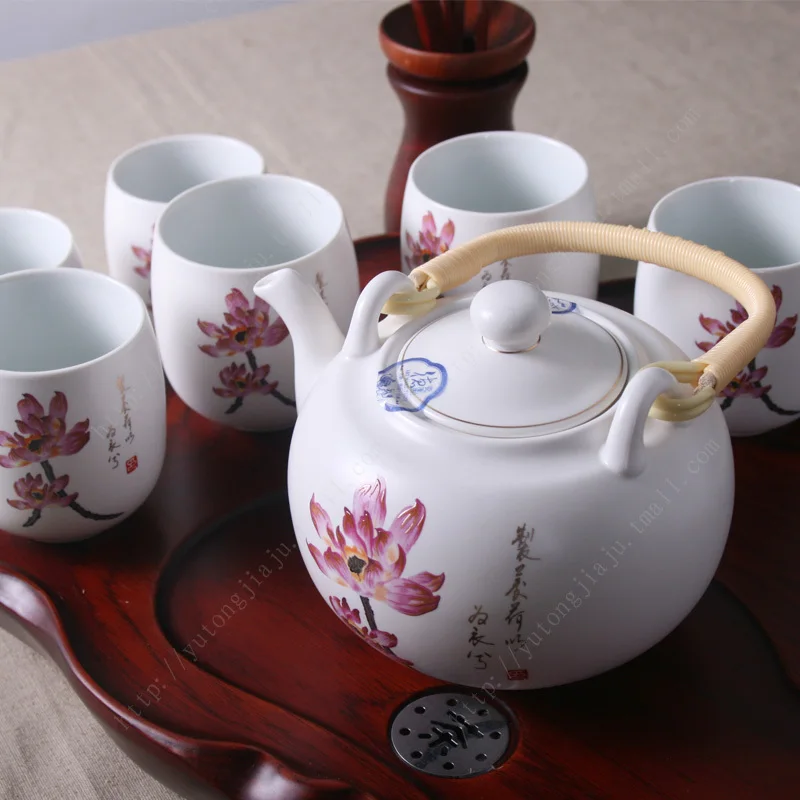 Jingdezhen Ceramic 7-head tea set with beams, lotus flower, gentleman's Kung Fu Tea Set