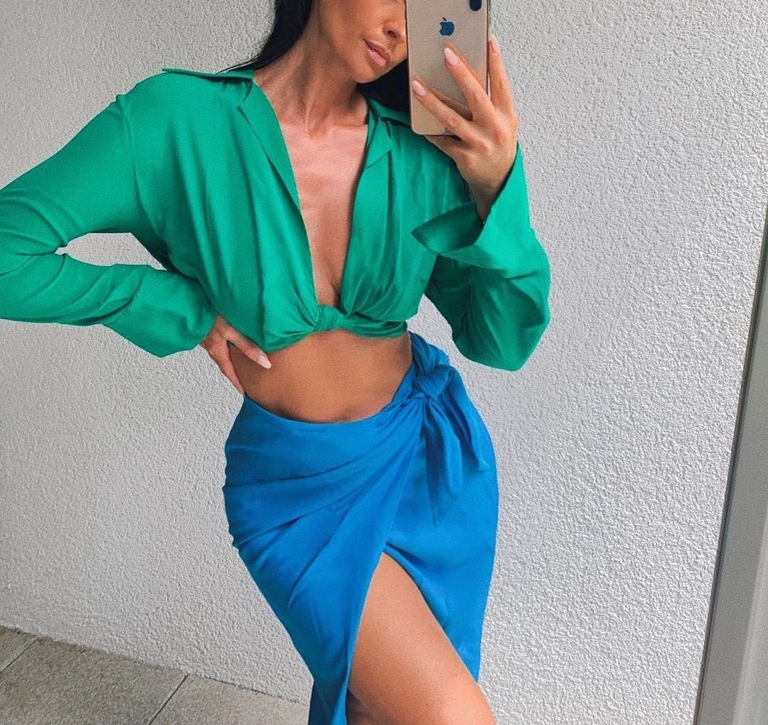 XEASY 2021 Summer Women Vintage Elegant Green Blouse Female Sexy V Neck Streetwears Casual Tie Slim Chic Blusas Top