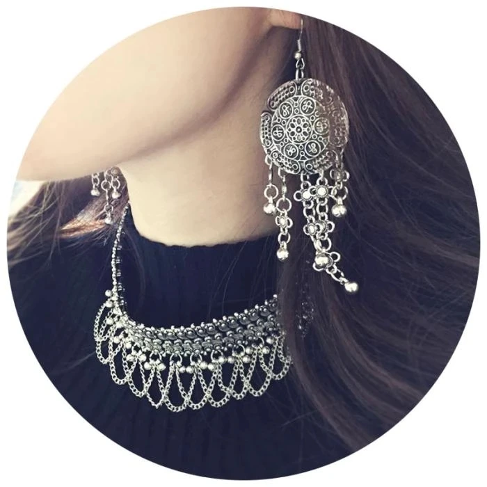 Vintage Tibetan Silver Color Metal Bells Tassel Drop Dangel Earrings for Women Boho Ethnic Earring Turkish Tribal Indian Party