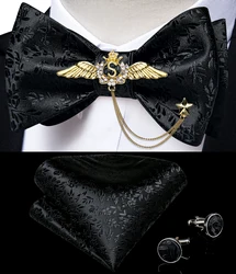 Nuovo arrivo papillon per uomo papillon di seta gemelli fazzoletto Set per abito da sposa accessori uomo cravatta spilla dorata