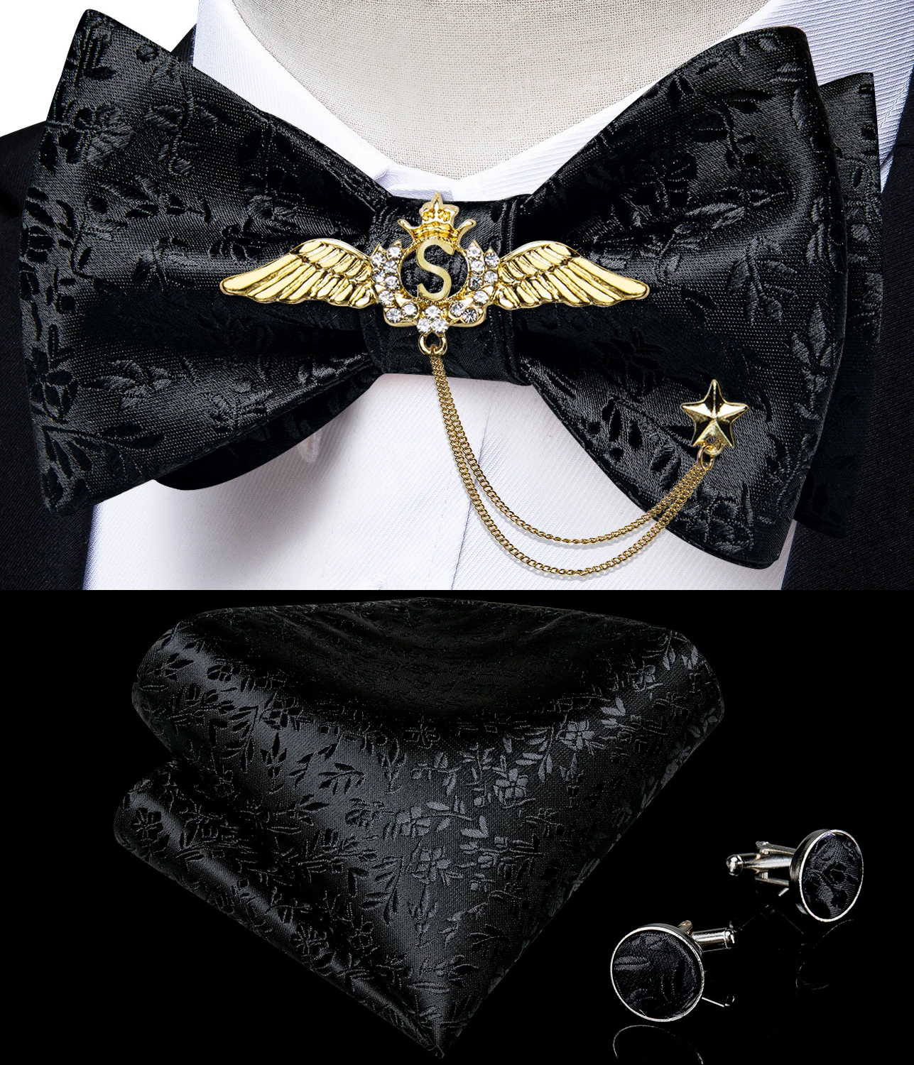 New Arrival Bow Ties For Men Silk Bowties Cufflinks Handkerchief Set For Party Wedding Suit Accessories Man Tie Golden Brooch