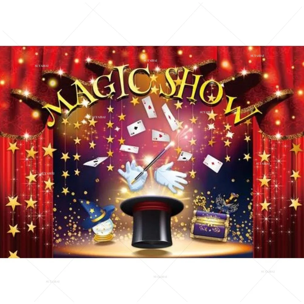 Carnival Theme Happy Birthday Party Magic Show Curtain Background Baby Shower Kids Gold Stars Poker Decor Photography Backdrop