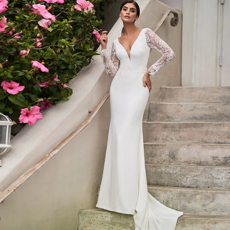 Novia – Robe De mariée sirène en dentelle plissée, tenue De mariage charmante, col en v, manches longues personnalisées, dos nu