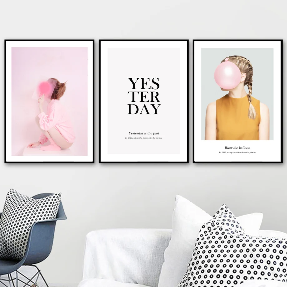 Fashion Girl Pink Balloon Feather Quotes Wall Art Canvas Painting Nordic Posters And Prints Wall Pictures For Living Room Decor