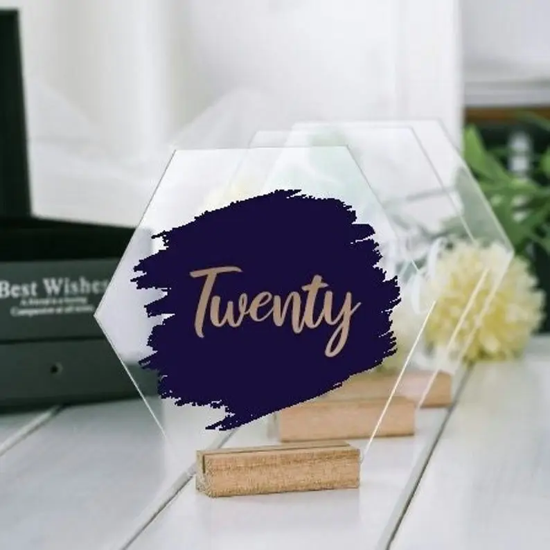 

Wedding Table Numbers, Hexagon Acrylic Table Number, Sign with Wooden Stands, Gold table numbers, Centerpiece, Colorful Decor