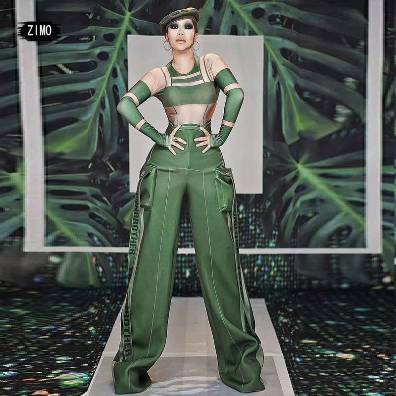 three pieces bodysuit hat Green Military Uniform wide leg jumpsuit birthday Nightclub Outfit  jazz Dance Stage drag queen clothe