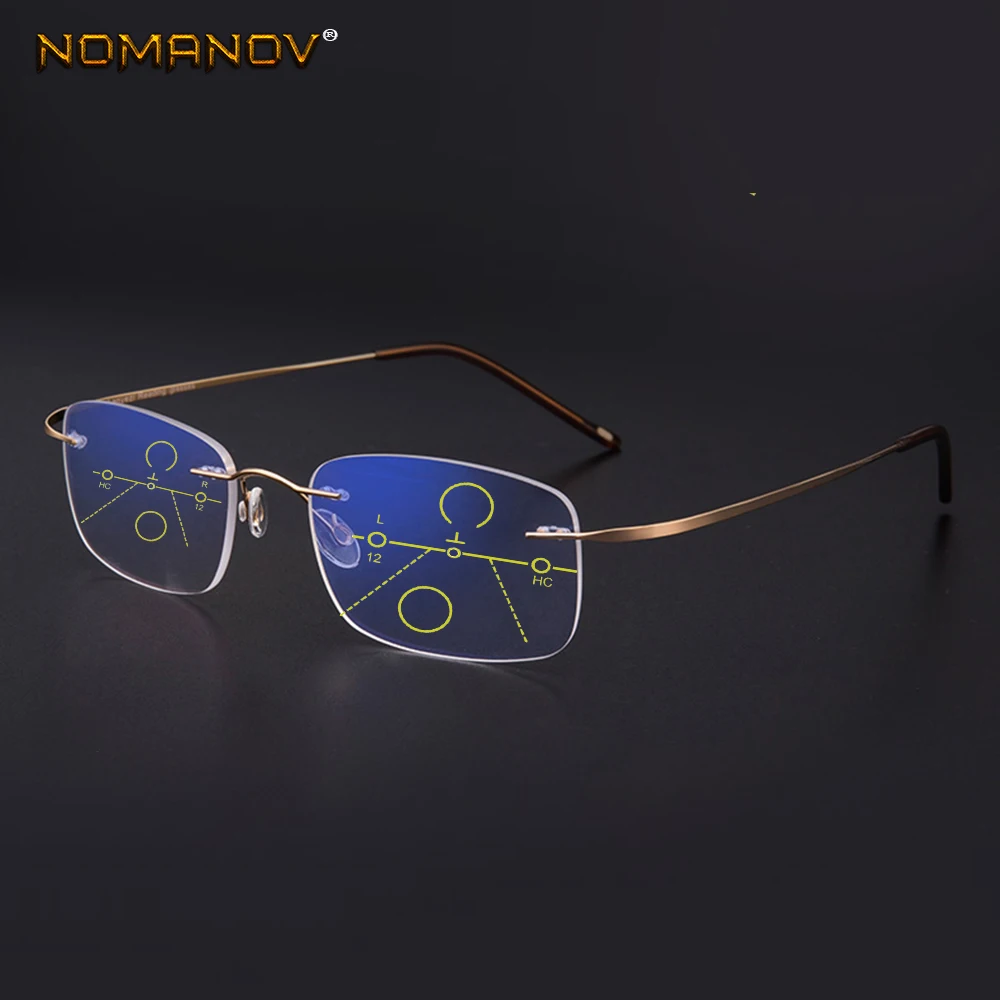 NOMANOV =  Titanium Alloy Rimless Progressive Multifocal Reading Glasses See Near And Far ADD +75 100 150 175 200 To 400