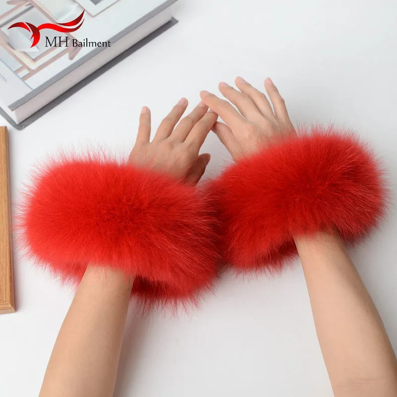 Women 100% Real Fox Fur Wrist Cuffs Winter Warmer White Arm Warmers Covers Luxury Natural Fashion Lady Detachable Sleeves