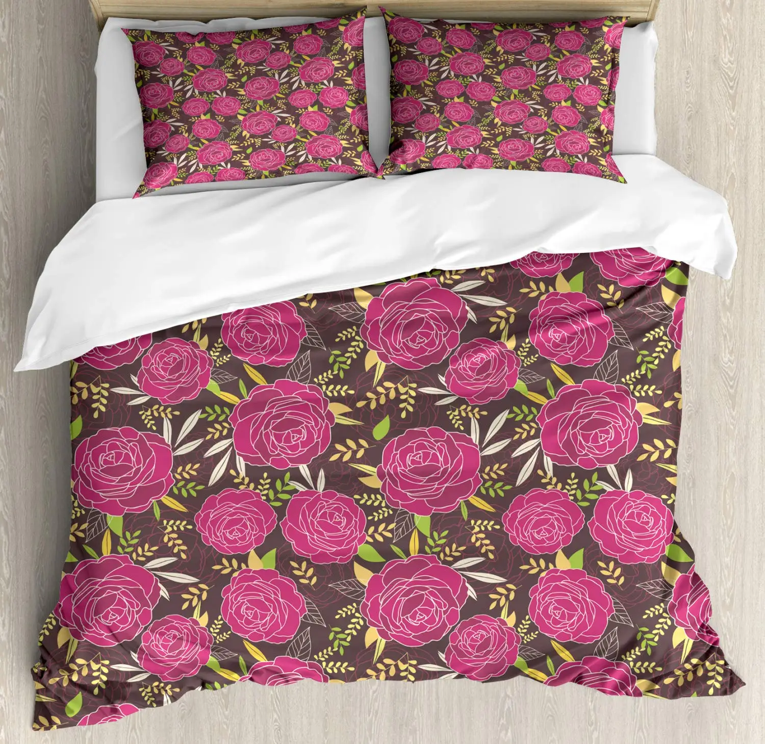 Floral Duvet Cover Set Detailed Silhouettes of Roses and Leaves 3 Piece Bedding Set Dark Warm Taupe Dark Magenta Apple Green