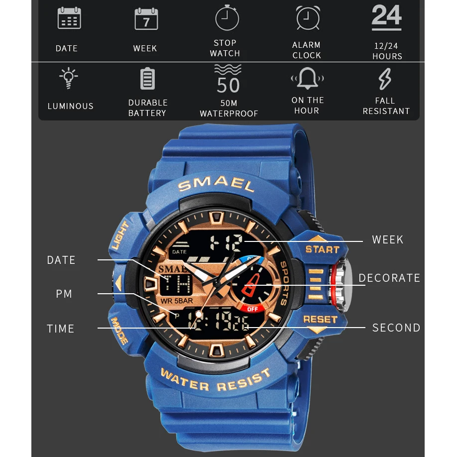 SMAEL-reloj deportivo militar para hombre, cronómetro con pantalla Dual LED de cuarzo, resistente al agua, para deportes al aire libre