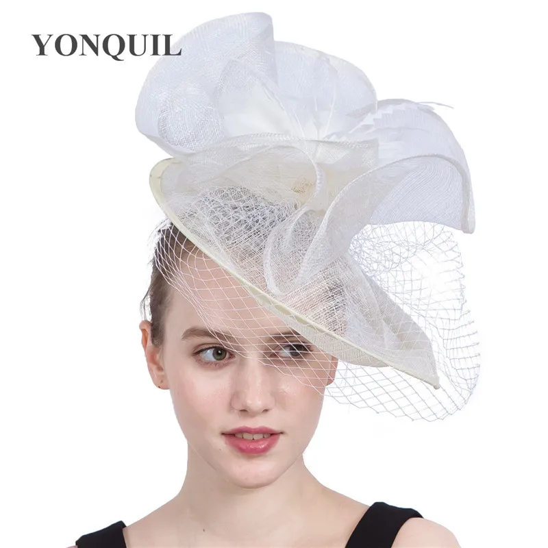 Elegant Women Wedding Veils Hats Mesh Veilling Ivory Big Fascinator Feather Flower Hats Fashion Headband Derby Birthday  SYF186