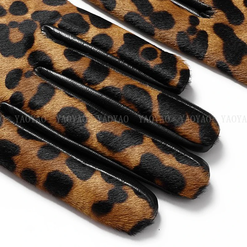 YY5388-Guantes de piel auténtica con estampado de leopardo para Mujer, manoplas cortas forradas de lana, gruesas y cálidas, Invierno