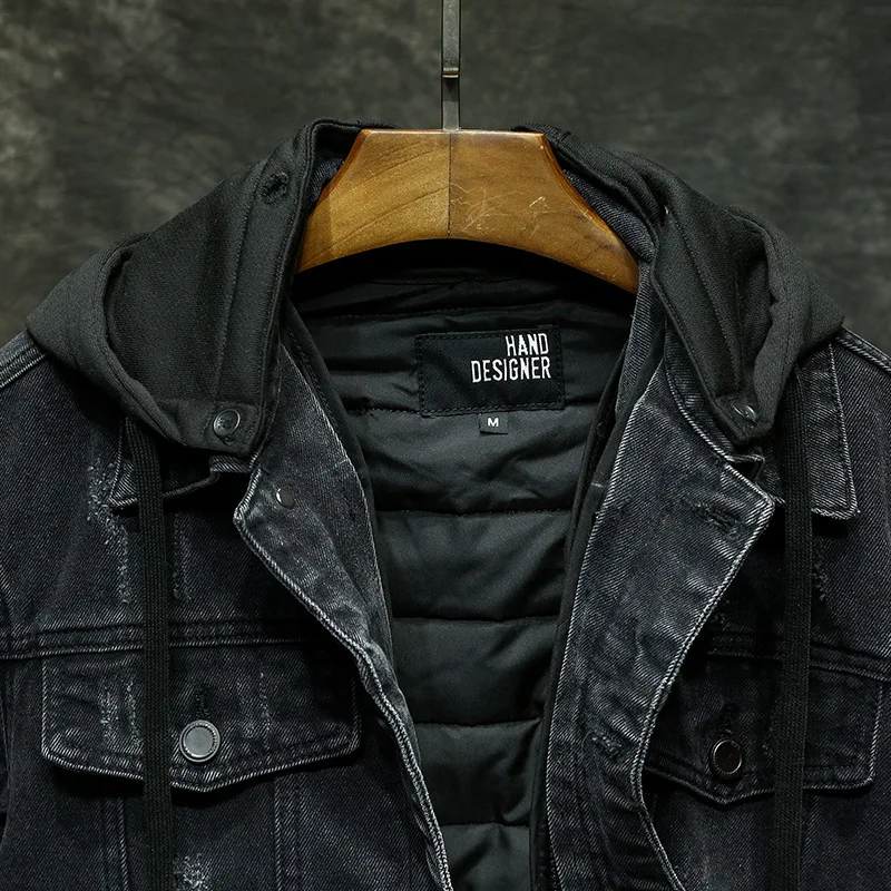 Mcikkny Men Wool Liner Winter Denim Jackets Black Loose Casual Thermal Jeans Coats For Male Windbreak Detachable Hat