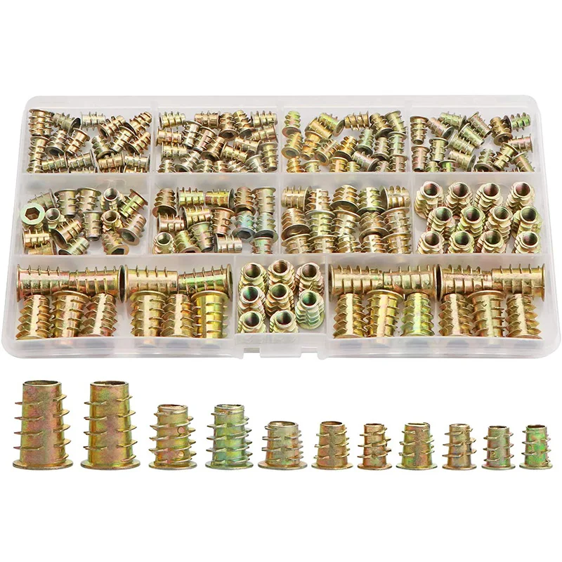 Inserti filettati dadi, Kit di attrezzi per assortimento di inserti in legno, M4/M5/M6/M8 inserti a vite per mobili chiusura a bullone (165 pezzi)