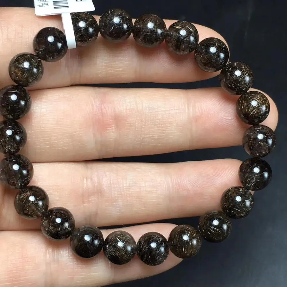 Natural Black Copper Rutilated Quartz Titanium Bracelet 8.4mm Women Clear Round Beads Wealthy From Brazil AAAAA