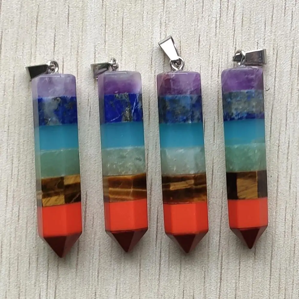 

4pcs/lot wholesale Fashion Natural stone 7 Chakras Layered Crystal 12x45mm pillar pendants for jewelry making free shipping