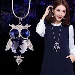 Women Romantic Crystal Owl Pendant Long Sweater Long Chain Bling Stone Necklace