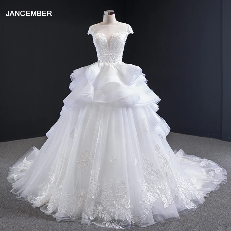 

J67031 jancember vestido de noiva 2020 princess wedding dresses off o neck lace appliques tiered wedding gowns свадебные платья