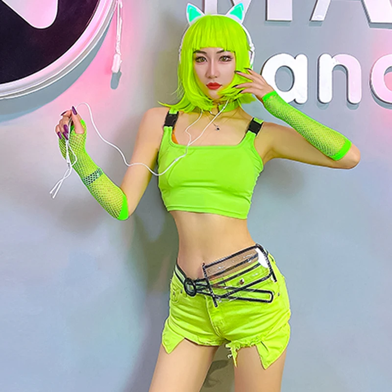 

Nightclub Ds Gogo Dance Costume Women Fluorescent Green Pole Dancing Clothin Suit Hip Hop Jazz Performance Dancewear YS1840