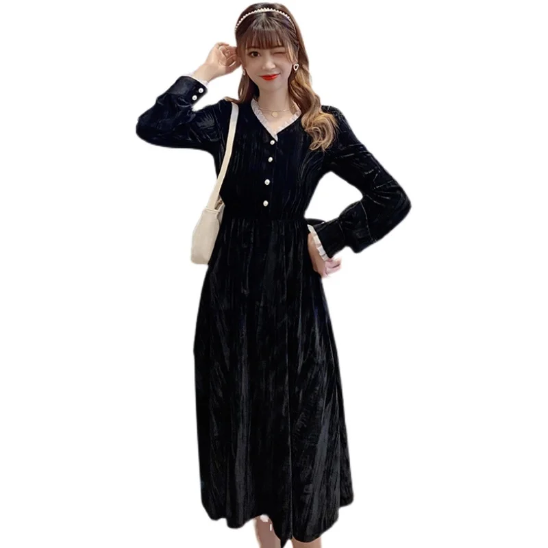 New arrival midi casual dress spring fashion long sleeve solid black dress