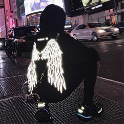 Black Wings Reflective Print Sweatshirt Pullover Hoodie Casual Long Sleeve Loose Harajuku High Street Tops Streetwear Clothes