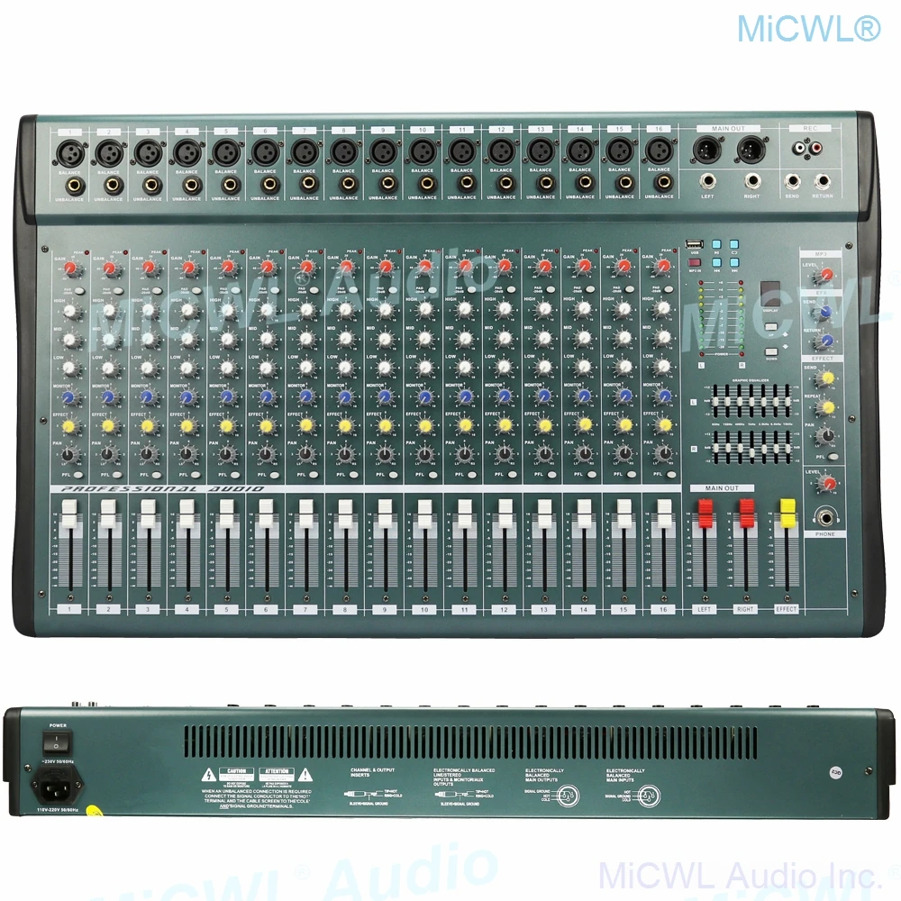 

MiCWL 16 Channel Audio Mixer Record Mixing Console USB DSP Effect Professional USB 48V Stereo EQ