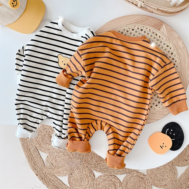 Autumn Baby Rompers Cartoon Bear Striped Jumpsuit Clothes Outfit