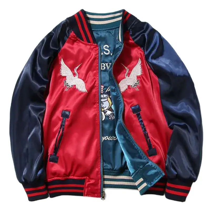 

Sukajan Satin Bomber Baseball Jacket Men Yokosuka Embroidery Double Sided Coat Varsity Brand Streetwear 2024 Spring Autumn