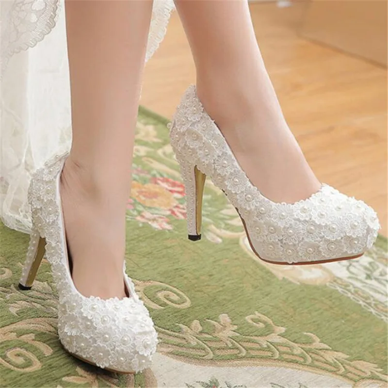 

Thin High Heels Shoes Women Pumps Women Lace Slip On Round Toe Dress Office & Career Party Wedding Flower Shallow 2023 White