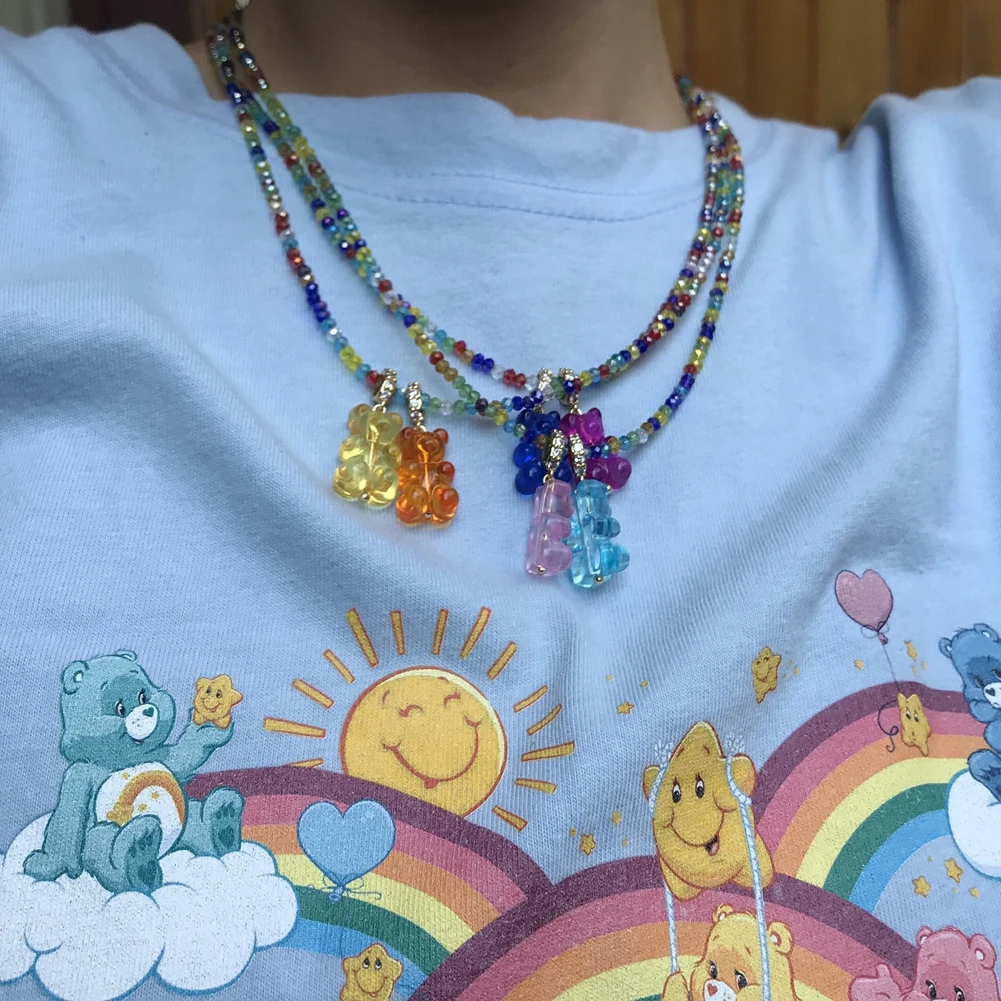 Boho Shiny Colorful Glass Beads Stone Beaded Necklace Resin Gummy Bear Zircon Pendant String Beads Choker Necklaces Women Jewely