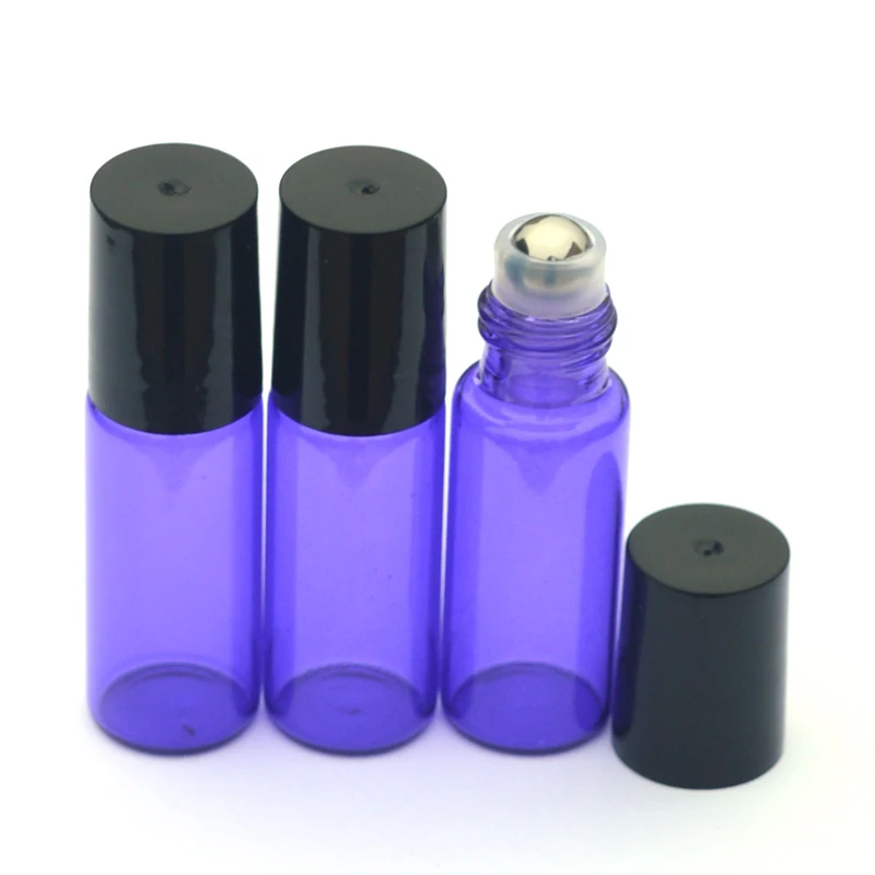 100pcs Hot 5ml Blue Perfume Glass Roll Vial Aromatherapy Essential Oil Roller on Bottles with Metal Ball Black Plastic Cap