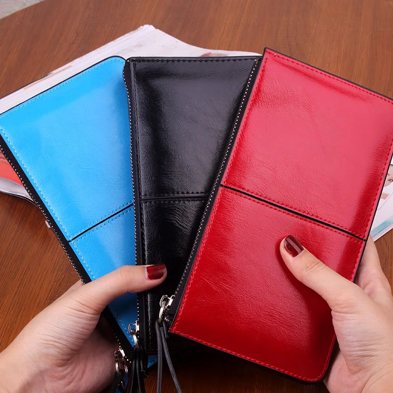 NIGEDU Brand Oil Wax Leather Women Clutch Wallet Long Zipper Wallets Female Candy Color Purse Lady Multi-Function Phone Bag