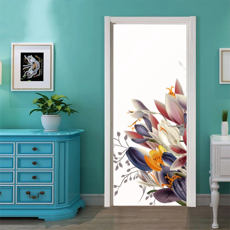 Self-adhesive abstract flower art door stickers home decoration door cover wall stickers mural porch wallpaper poster