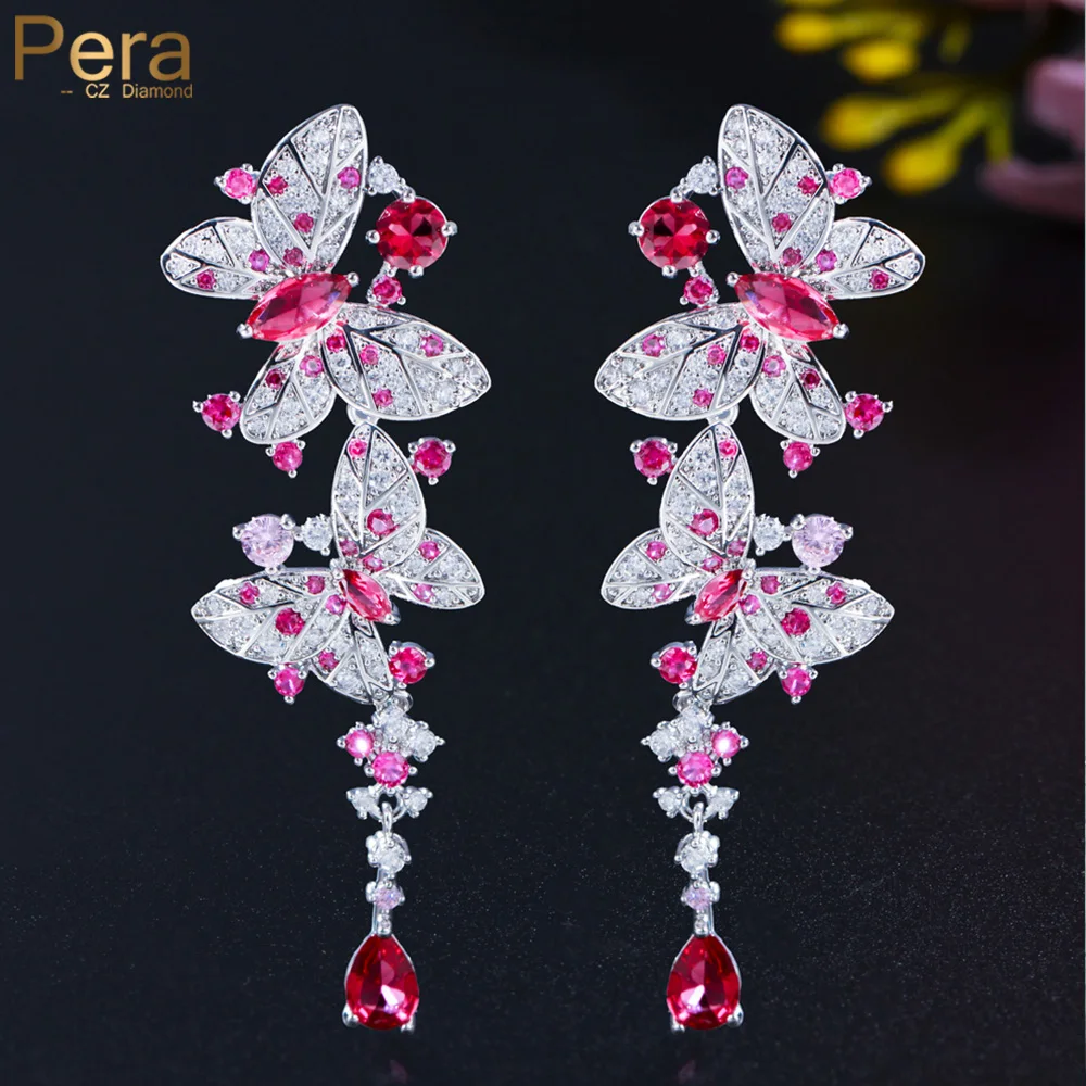 Pera Charming Butterfly Shape Hot Pink Cubic Zirconia Silver Color Long Dangle Earrings for Women Dancing Dress Jewelry E855